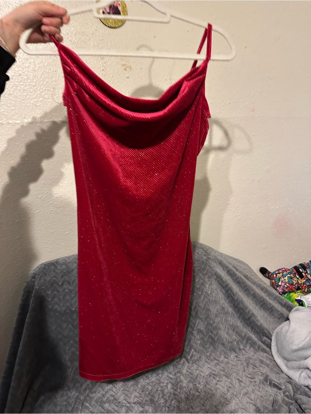 Red Glitter Cowl Neck Spaghetti Strap Dress